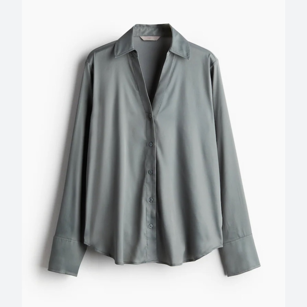 H&M Satin Popover Shirt Gray Women's Small New Long Sleeves Office Career